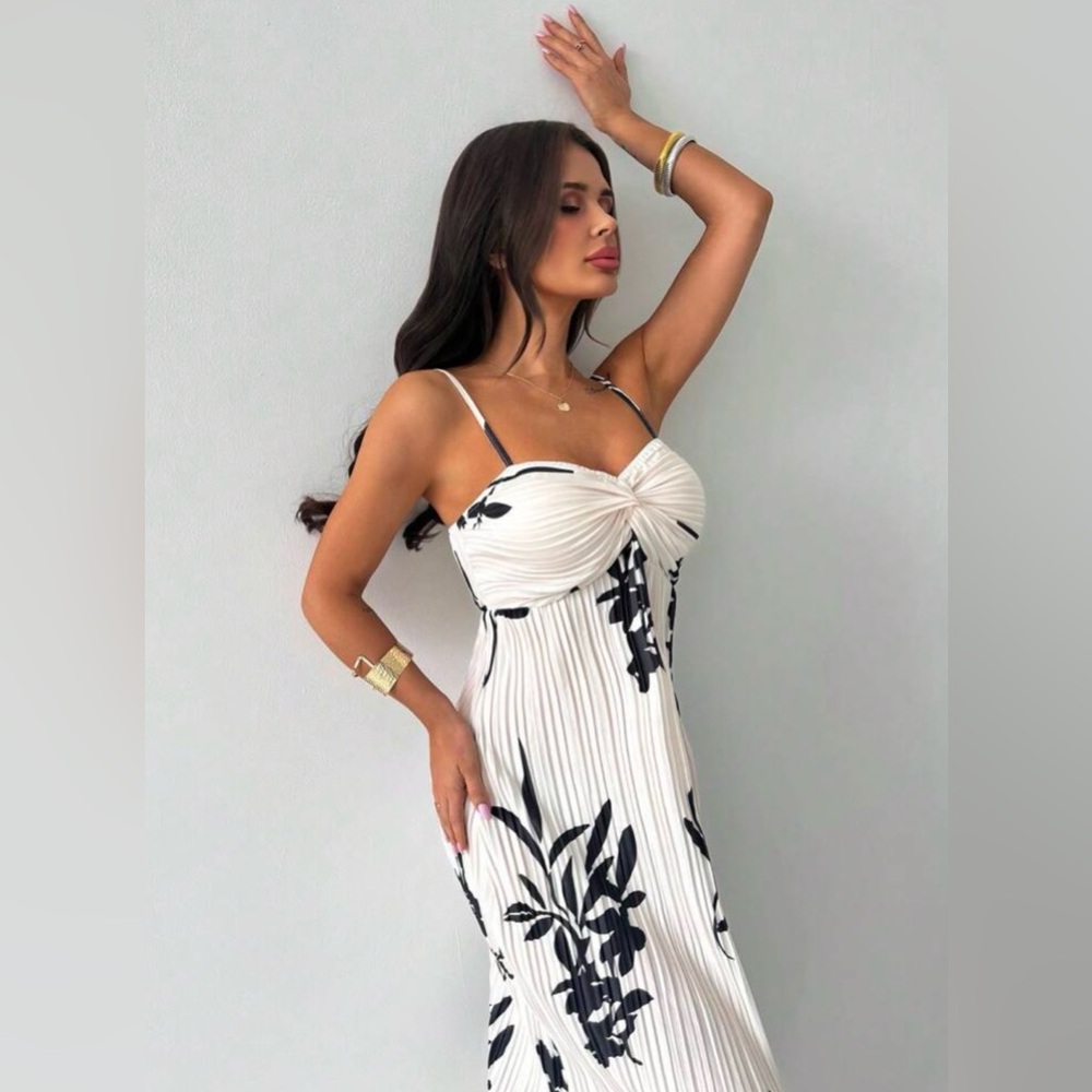 Elegant White & Black Floral Pleated Maxi Dress